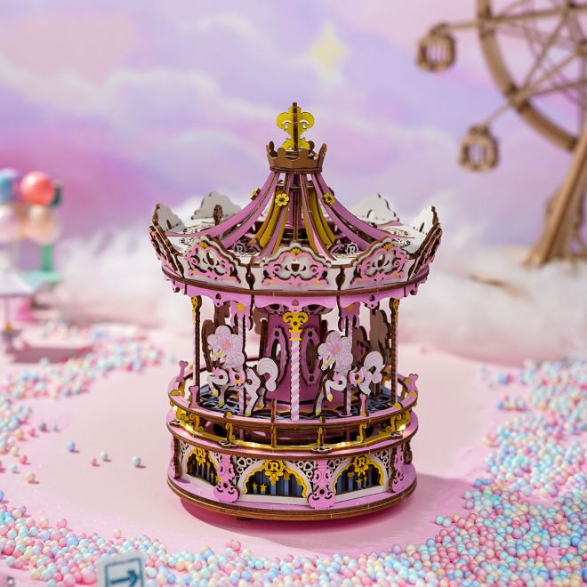 Růžový kolotoč s koníky - hrací skříňka - 3D dřevěné puzzle