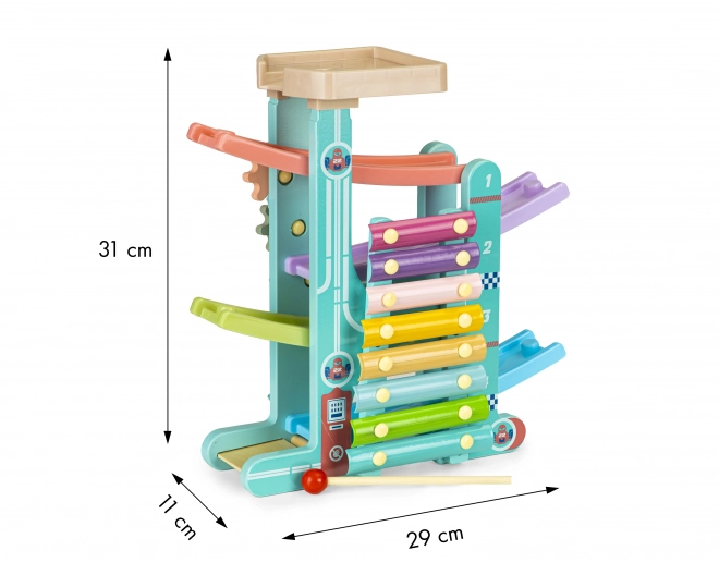 Dřevěná skluzavka + 6 autíček + xylofon ECOTOYS