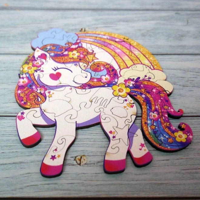 Dřevěné puzzle - jednorožec s duhou