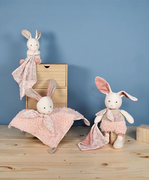 Doudou Plyšový Ecru králiček s růžovou dečkou z  BIO bavlny 22 cm