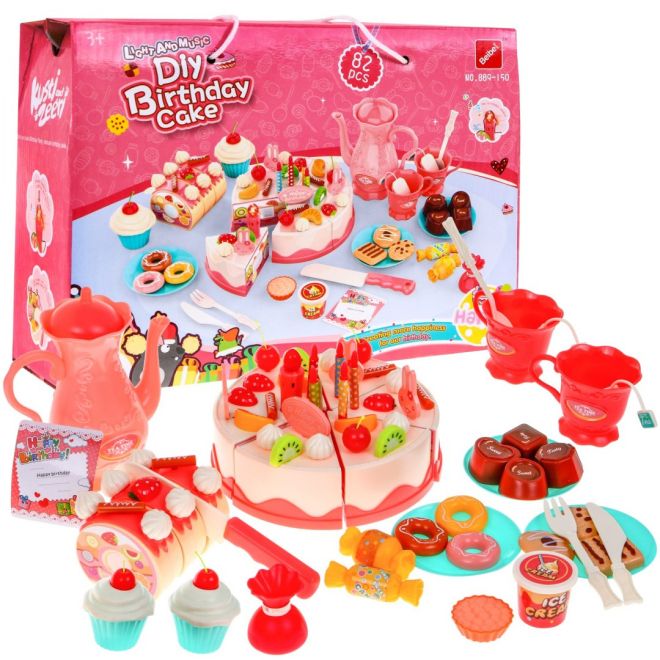 Velký narozeninový set pro děti 3+ Dort s hračkami a sladkostmi + interaktivní svíčka + příslušenství 82 ks