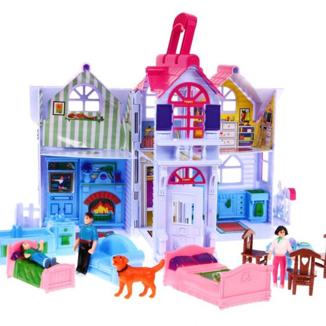 Rozkládací dětský domeček 3+ Fialový + figurky rodiny + pes + nábytek + 2 patra