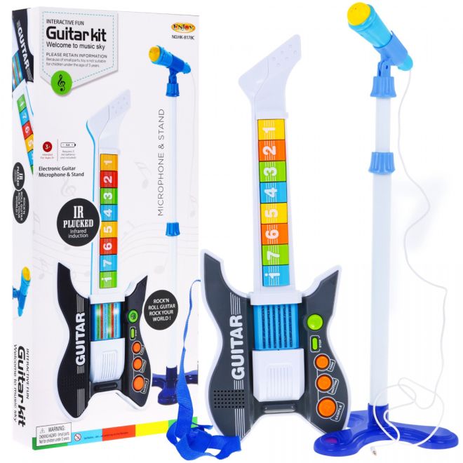 Barevná elektrická kytara pro děti 3+ Mikrofon se stativem + zvuky Světla