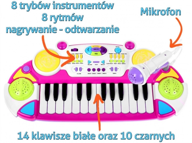 Růžová hudební sada Klávesy + bubny + mikrofon pro děti 3+ Světla + zvuky 2 oktávy