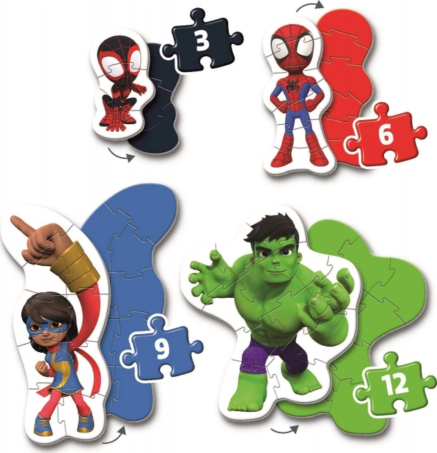 CLEMENTONI Moje první puzzle Spidey a jeho úžasní přátelé 4v1 (3,6,9,12 dílků)