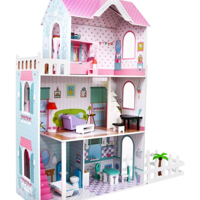 Velký dřevěný domeček pro panenky Růžový pro děti 3+ Příslušenství Nábytek + 3 patra