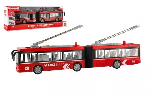 Trolejbus/Autobus plast 45cm na setrvačník na bat. se světlem se zvukem v krabici 48x18x11cm