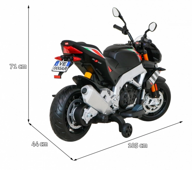 Aprilia Tuono V4 Dětský motocykl na baterie černý + panel MP3 + asistenční kolečka + pomalý start