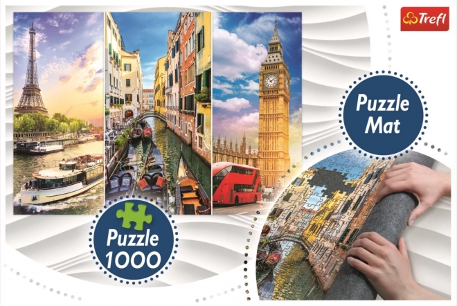 TREFL Puzzle Koláž měst Paříž-Benátky-Londýn 1000 dílků + Podložka pod puzzle