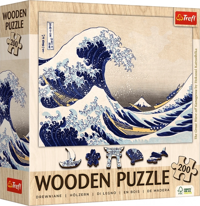 TREFL Dřevěné puzzle Art: Hokusai - Velká vlna Kanagawa 200 dílků