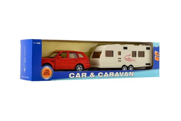 Auto s karavanem kov/plast 29cm na zpětné natažení 2 barvy v krabičce 32x8x6cm