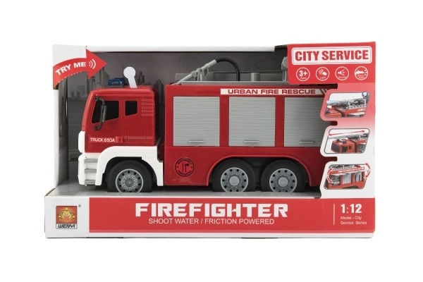 Auto hasiči stříkací vodu 32cm plast na setrvačník na bat. se zvukem se světlem v krabici 35x21x14cm