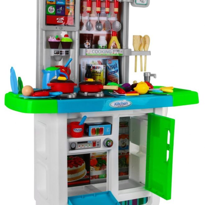 Obrovská modrá kuchyňka pro děti 3+ Interaktivní hořáky + Vodovodní kohoutek + Audio panel + Příslušenství