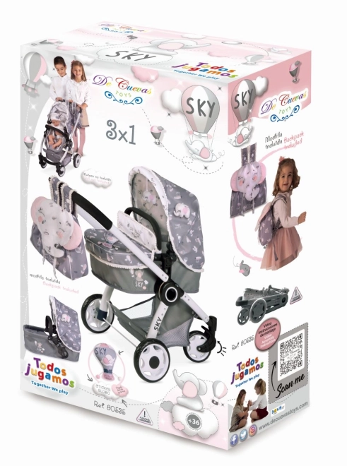 DeCuevas 80535 Skládací kočárek pro panenky 3 v 1 s batůžkem SKY 2020 - 70 cm