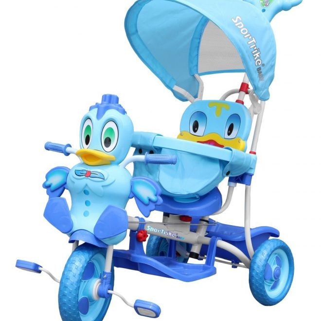 Dětské tříkolové kolo Duck Bike Blue + zvuky + stříška + zábrana + opěrka nohou + rukojeť + ližiny + úložný prostor