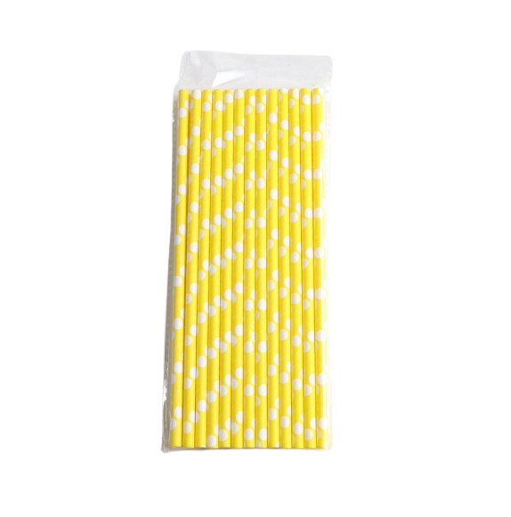 Žlutá papírová brčka s bílými puntíky - 25 kusů