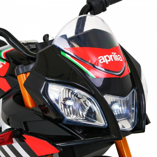 Aprilia Tuono V4 Dětský motocykl na baterie černý + panel MP3 + asistenční kolečka + pomalý start