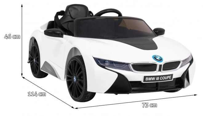 BMW I8 Lift Battery Car White + dálkové ovládání + pomalý start + 3bodové pásy + MP3 USB + LED dioda