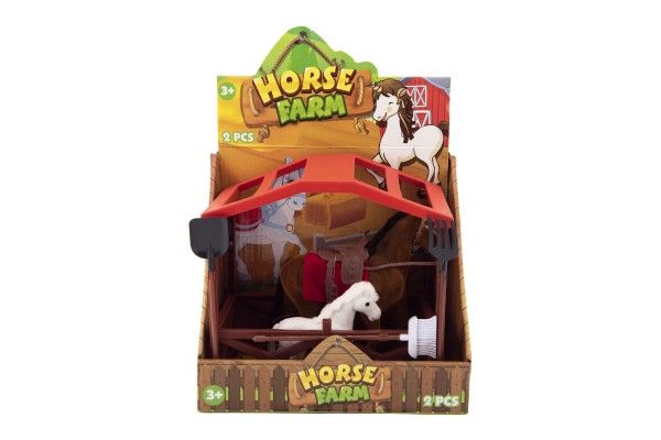 Kůň se sedlem s hříbětem fliška plast s ohradou s doplňky v krabici 23x20x15cm