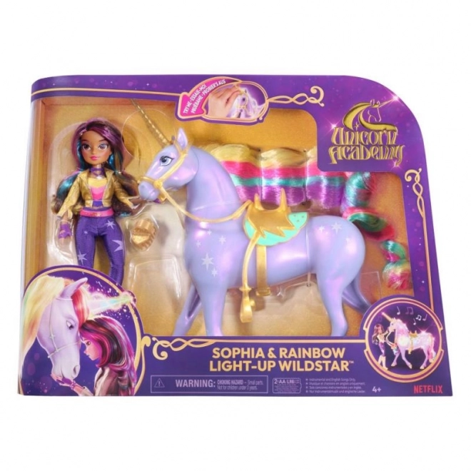 UNICORN ACADEMY SVĚTELNÝ JEDNOROŽEC WILDSTAR S PANENKOU SOPHIA 24cm