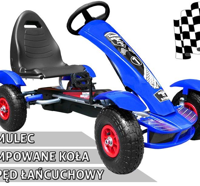 Závodní šlapací motokára XL pro děti 3+ Modrá + Nafukovací kola + Nastavitelné sedadlo + Volnoběh