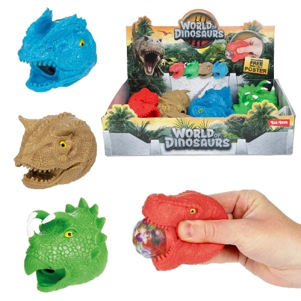 Dinosaurus hlava mačkací antistresový 8cm 4 druhy 12ks v boxu