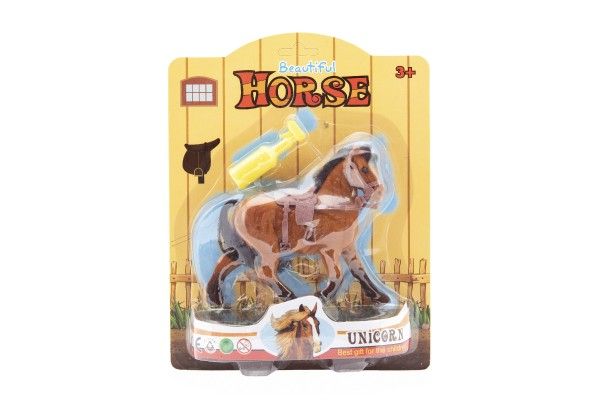 Kůň fliška 16cm se sedlem s doplňkem 3 barvy na kartě