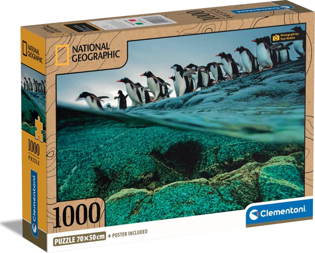 CLEMENTONI Puzzle National Geographic: Tučňáci gentoo se hromadně vrhají do moře 1000 dílků