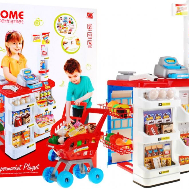Dětský supermarket 3+ Červený obchod Zábava 24 el. Vozík + zboží + interaktivní skener