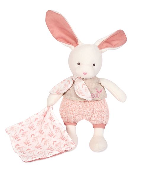 Doudou Plyšový Ecru králiček s růžovou dečkou z  BIO bavlny 22 cm