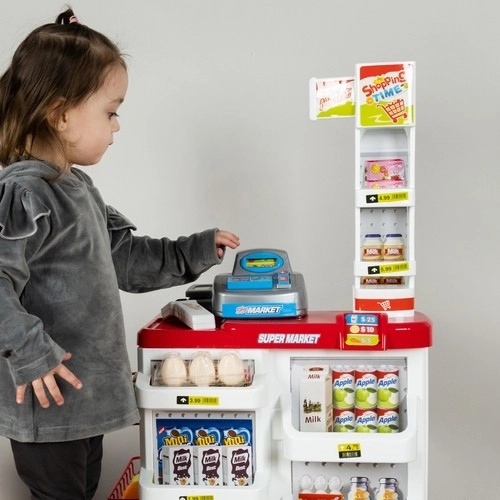 Supermarket s pokladnou, nákupním košíkem a doplňky