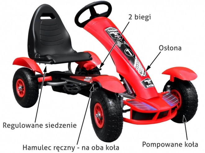 Závodní šlapací motokára XL pro děti 3+ Červená + Nafukovací kola + Nastavitelné sedadlo + Volnoběh