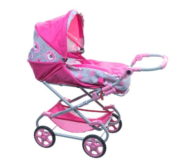 Kočárek pro miminka s motivem kytiček a s vyjímatelnou taškou – Růžovo-šedý