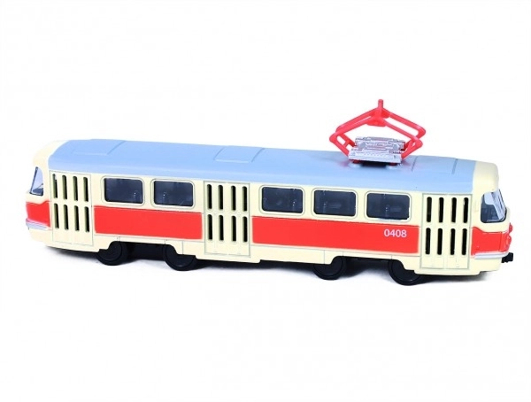 Tramvaj Tatra T3 česká kovová 16cm retro na zpětný chod v krabičce 20x8x6cm CZ design