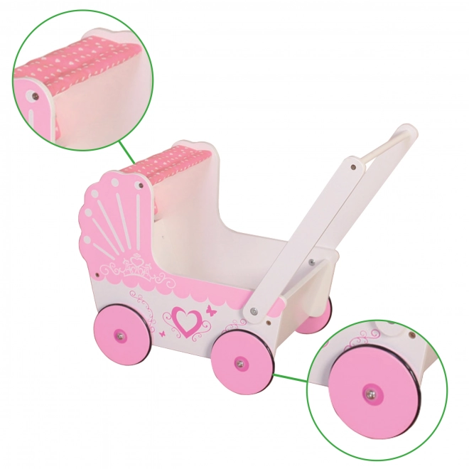 EcoToys Dřevěný kočárek pro panenky Pink Heart