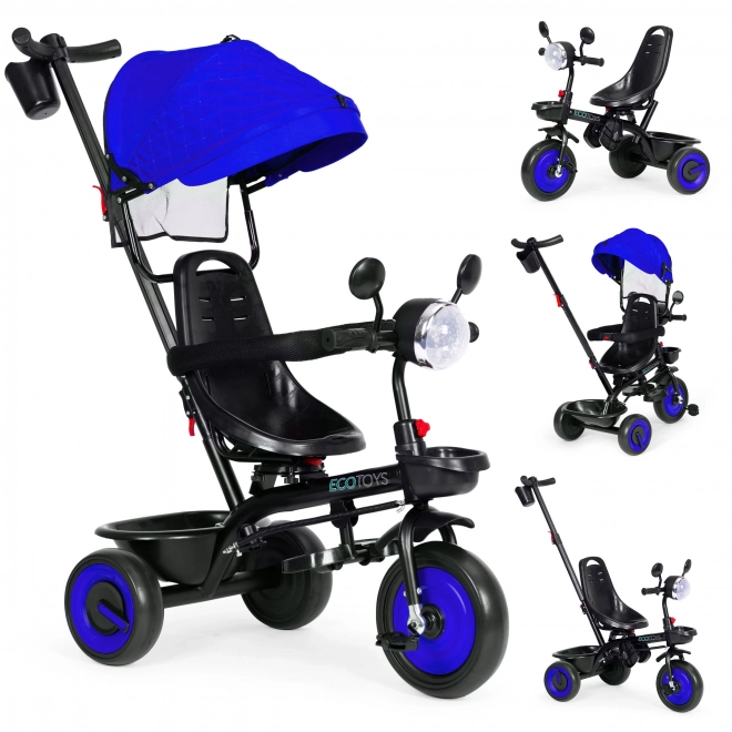3v1 dětská tříkolka s otočným sedadlem, stříškou, modrá, ECOTOYS