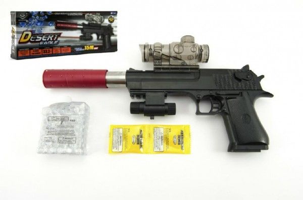 Pistole plast/kov 33cm na vodní kuličky + náboje 9-11mm na baterie  se světlem v krabici 34x13x4cm