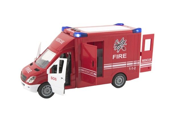 Auto hasiči plast 28cm na setrvačník na baterie se zvukem se světlem v krabici 32x18x12cm