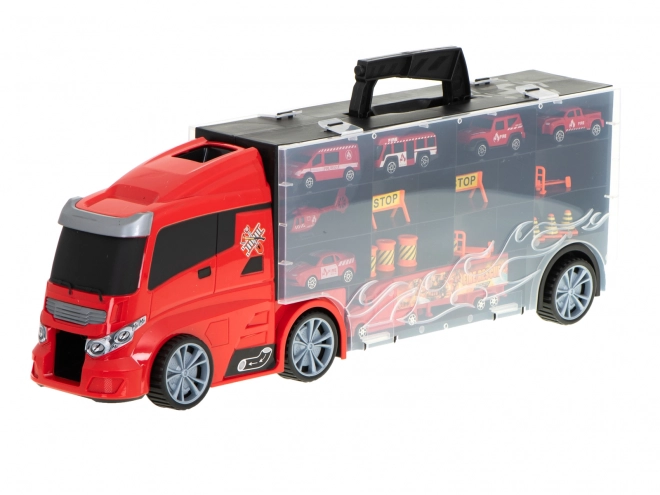 Nákladní auto s hasičskými auty a příslušenstvím