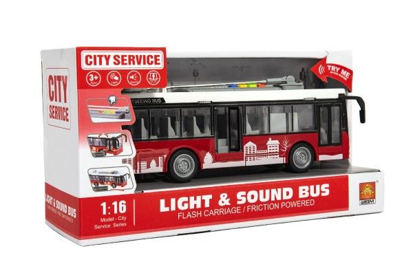 Autobus/trolejbus plast 28cm na setrvačník na bat. se světlem se zvukem v krabici 32x17x11cm