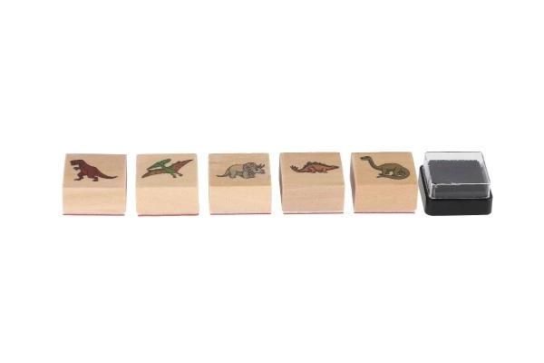 Razítka dřevěná  5+1 s poduškou dinosauři 3x3cm na kartě