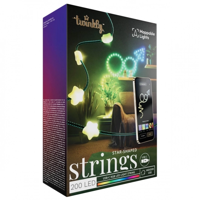 Řetězce chytrých dekorativních světel USB-C (Candies) 200 LED RGB, hvězdy, zelený kabel, 12 m