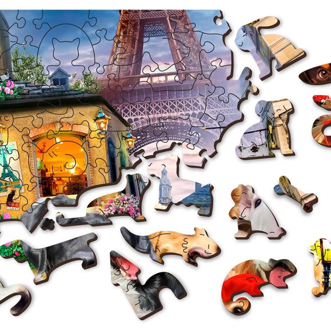 Wooden City Dřevěné puzzle Štěňata v Paříži 2v1, 75 dílků EKO