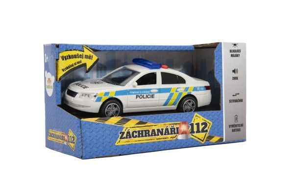 Auto policie plast 15cm na baterie se zvukem se světlem na setrvačník v krabici 20x11x9cm