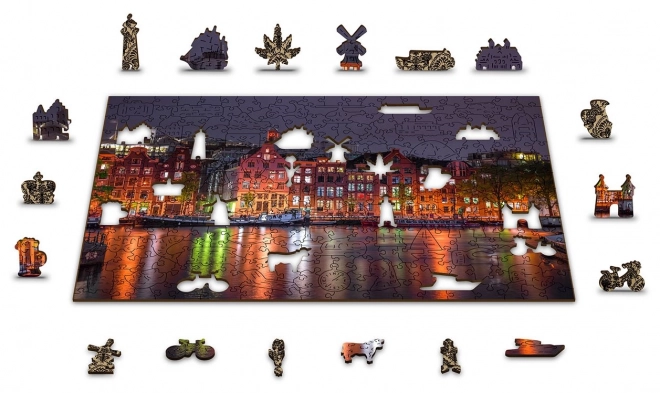 Wooden City Dřevěné puzzle Noční Amsterdam 2v1, 150 dílků EKO