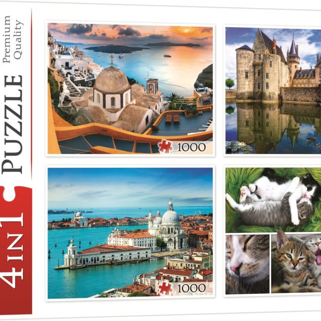 TREFL Puzzle Santorini, Benátky, Zámek Sully-sur-Loire a Kočky 4x1000 dílků