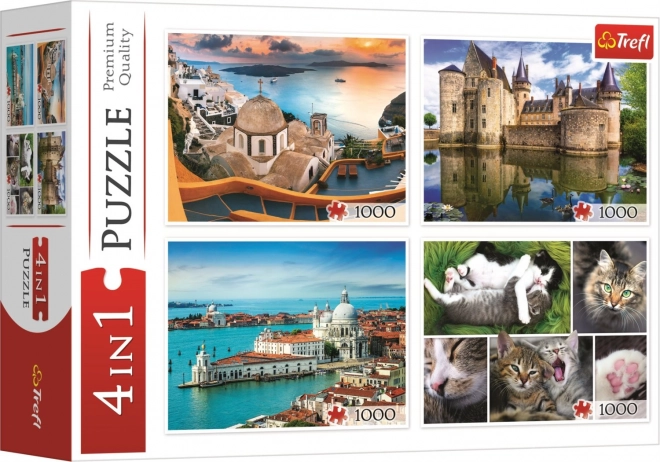 Puzzle Santorini, Benátky, Zámek Sully-sur-Loire a Kočky