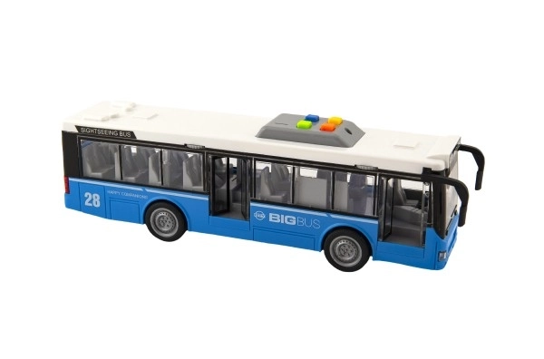 Autobus plast 28cm modrý na setrvačník na bat. se světlem se zvukem v krabici 32x17x11cm