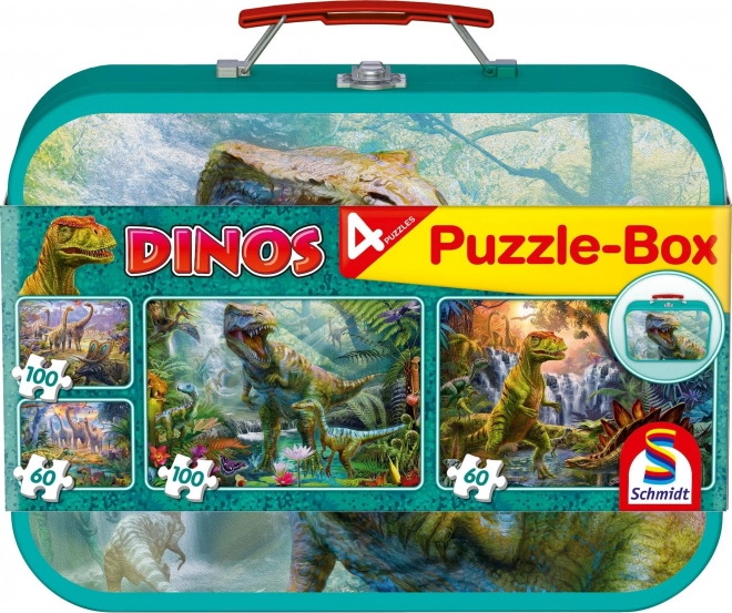 SCHMIDT Puzzle Dinosauři 4v1 v plechovém kufříku (60,60,100,100 dílků)