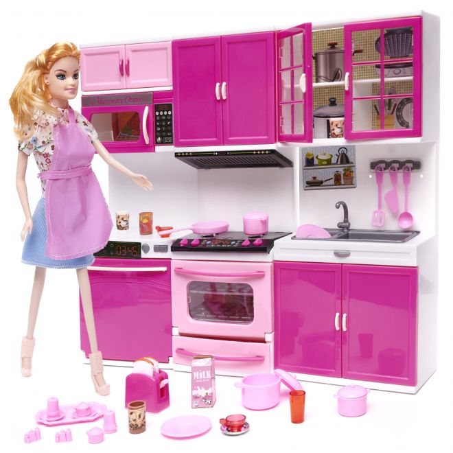 Růžová kuchyňka s příslušenstvím pro panenky
